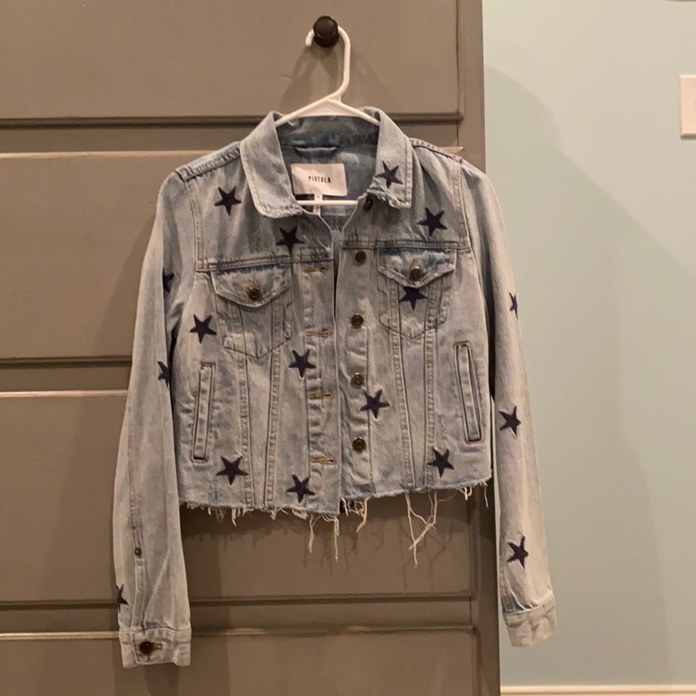 star and destressed jean jacket !!